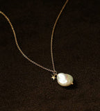 Real Natural Pearl & Star Pendant Gold Necklace
