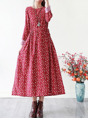 Vestido de algodón floral suelto informal talla grande manga larga vestido línea A