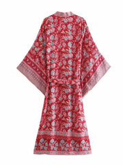 Brautmode Baumwolle Lange Länge mit Blumendruck Rot Farbe Kleid Robe Kimono Duster Robe