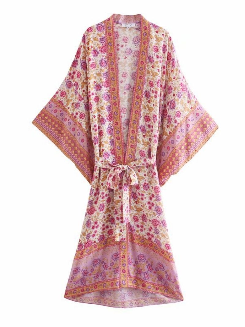 Party Wear Blumendruck Rosa Farbe Baumwolle Lange Länge Kleid Kimono Duster Robe