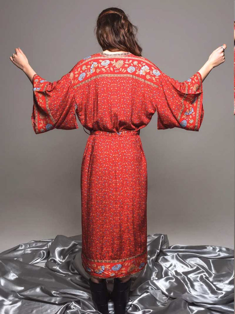 Swimwear Birds, Fish With Leaf Print Blue Color Cotton Long Length Gown Kimono