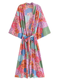 printing long belt stylish kimono cardigan jacket dress