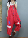 New Stylish Print Denim Loose High Waist Dungarees Overalls