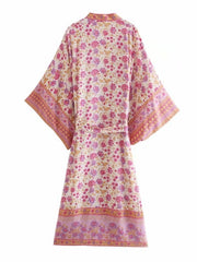 Party Wear Blumendruck Rosa Farbe Baumwolle Lange Länge Kleid Kimono Duster Robe