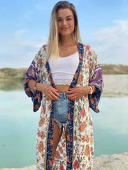 Strandmode Blumendruck Lila Farbe Baumwolle Lange Länge Kleid Kimono Duster Robe