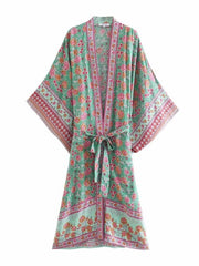 Kimono largo de algodón de color verde con estampado floral para fiesta