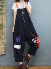 Neue stilvolle Print Denim lose hohe Taille Latzhose Overalls