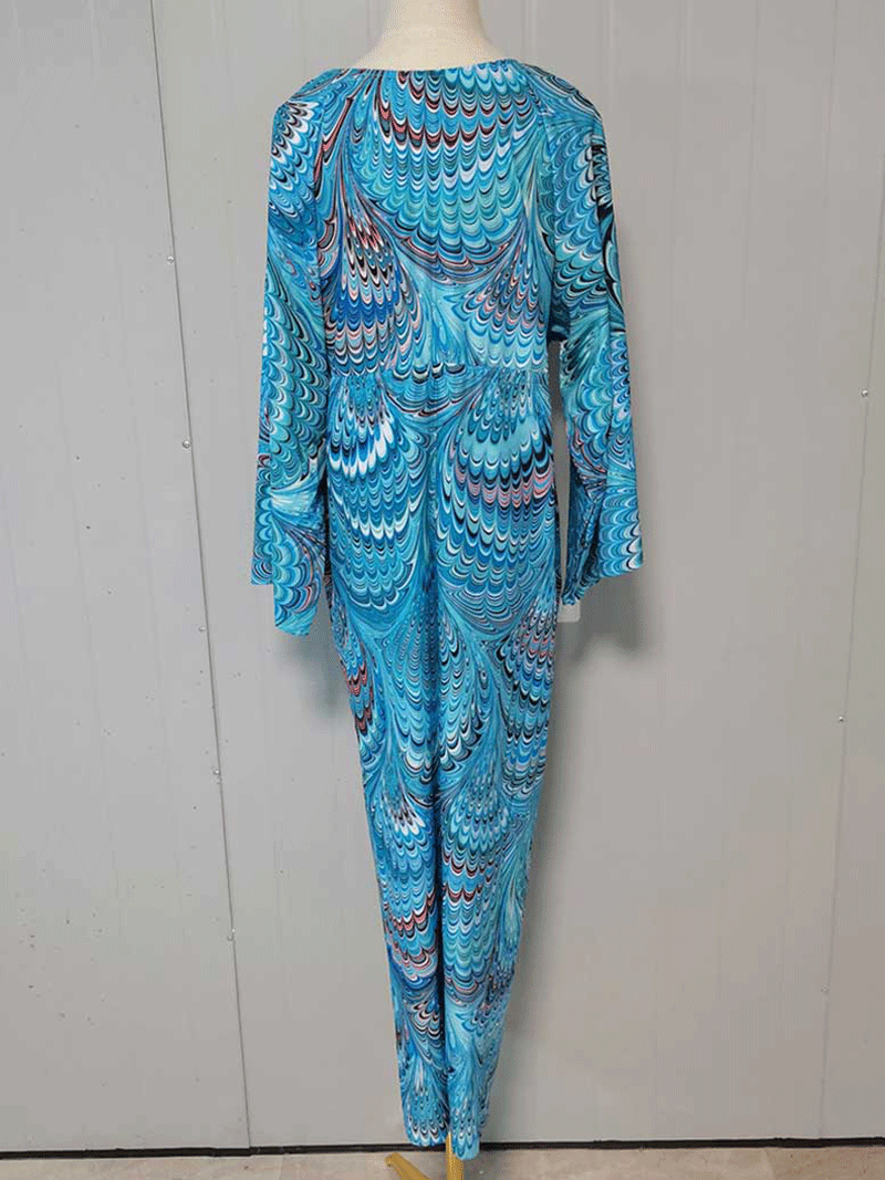 Bedruckter blauer Polyester-Kimono-Staubmantel in langer Länge