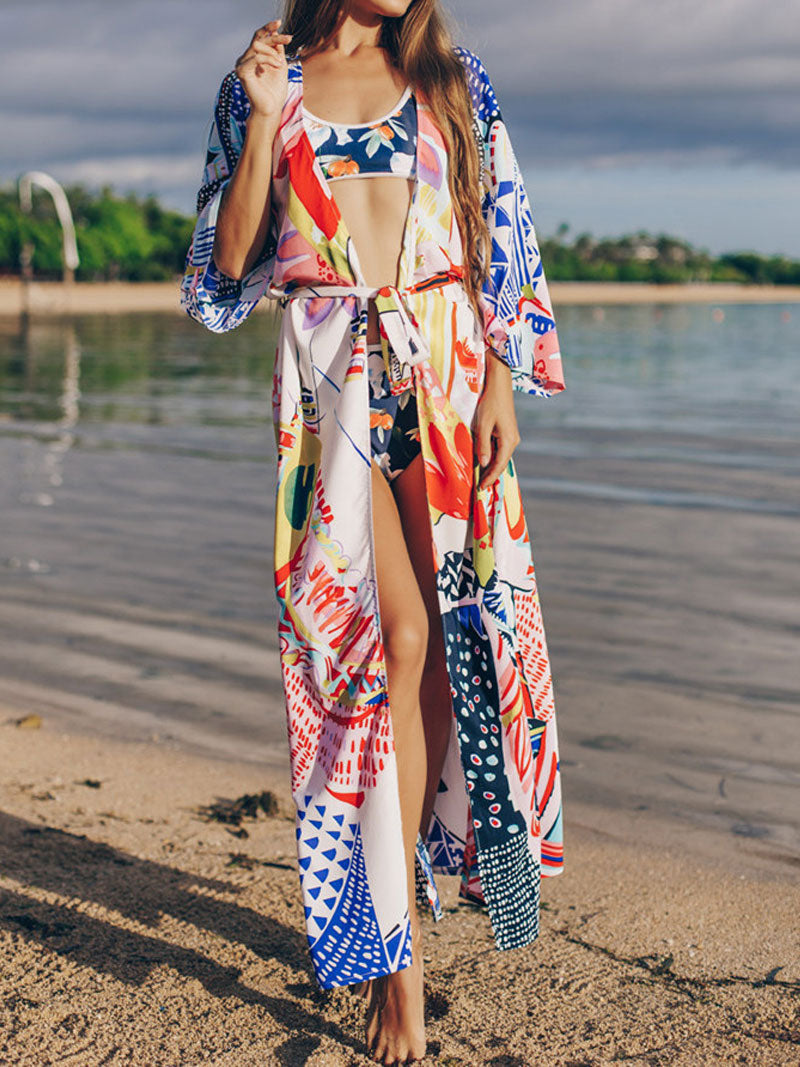 Beachwear & Swimwear Polyester Kimono Floral Print With Doll Print On Back Multicolor Color Long Length Gown Kimono Duster Robe