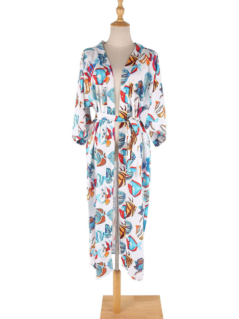 Swimwear Birds, Fish With Leaf Print Blue Color Cotton Long Length Gown Kimono