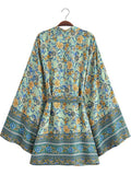 Short Floral Print Purple, Green, & Beige Cotton Short Length Gown Kimono Duster Robe