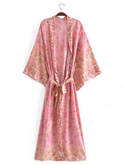 Strandmode Baumwolle Blumendruck Rosa Farbe Lange Länge Kleid Kimono