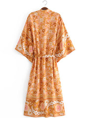 Braut zu sein Blumendruck Orange Farbe Baumwolle langes Kleid Kimono Duster Robe