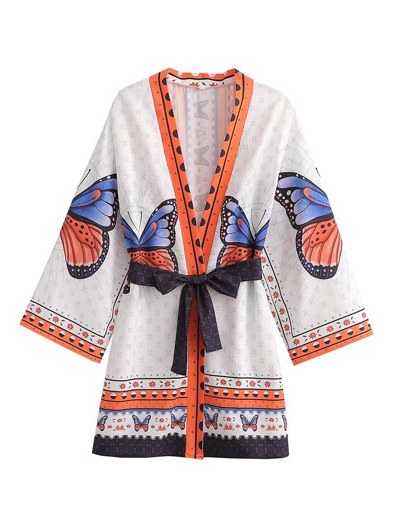 Sommerkleidung, Cardigan-Jacken-Stil, kurzer Kimono mit Schmetterlingsdruck, Robe