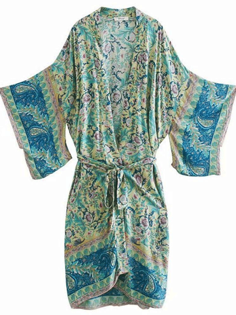 Paisley Print Green Color Cotton Long Length Gown Kimono Duster Robe