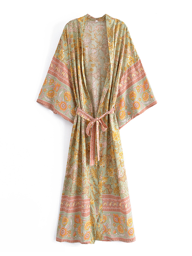 Kimono de algodón amarillo con estampado floral para playa, largo y largo