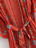 Beachwear Floral Print Red Color Cotton Long Length Gown Kimono Duster Robe