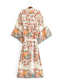 Beachwear Kimono Floral Bohemian Print Beige Color Cotton Long Length Gown Kimono Duster Robe