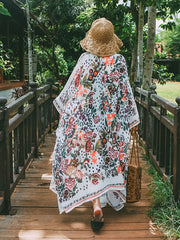 Bata tipo kimono de gasa multicolor con estampado floral de longitud media para playa