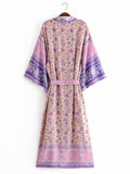 Beachwear Floral Print Violet Color Cotton Long Length Gown Kimono Duster Robe