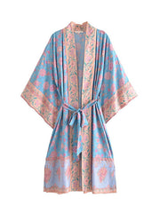 Kimono largo con estampado de color azul para playa