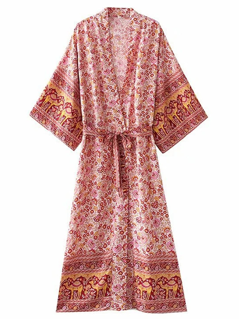 Printed Pink Color Cotton Long Length Gown Kimono Duster Robe