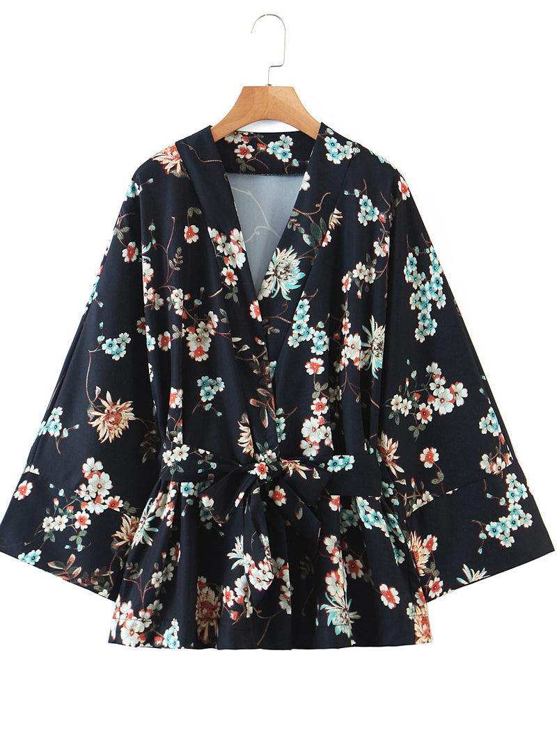 Short Kimono Floral Print Black Color Polyester Short Length Gown Robe Kimono