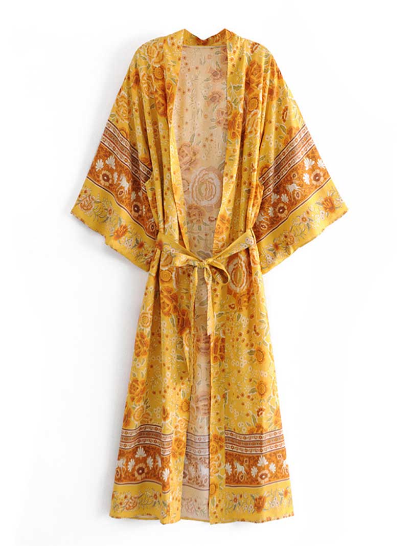 Bademode mit Blumenmuster in Gelb, langer Kimono, Duster-Robe