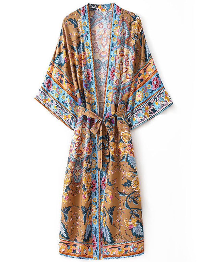 Kimono de playa con estampado floral, color marrón, de algodón, largo, bata tipo plumero