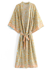 Kimono largo de algodón amarillo con estampado floral para fiesta y playa