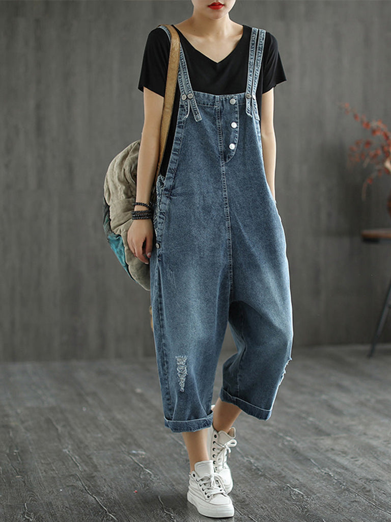 State of The Heart Denim Ripped Cropped Overall Dungarees