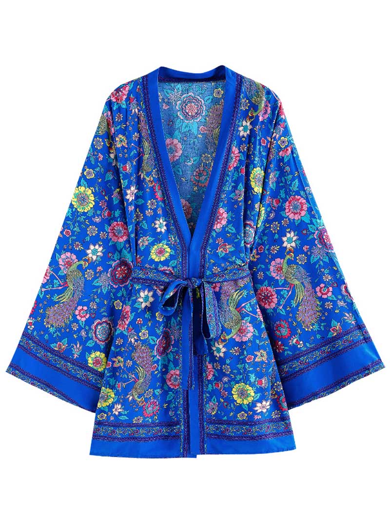 Bata tipo kimono de algodón con estampado floral en color azul para cumpleaños