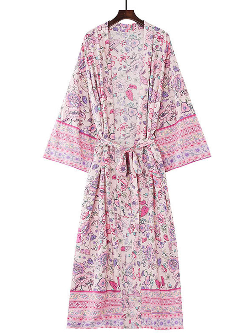 Strandmode Baumwolle Blumendruck Rosa Farbe Lange Länge Kleid Kimono Duster Robe