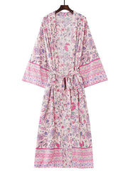 Kimono de playa de algodón con estampado floral, color rosa, largo hasta el suelo