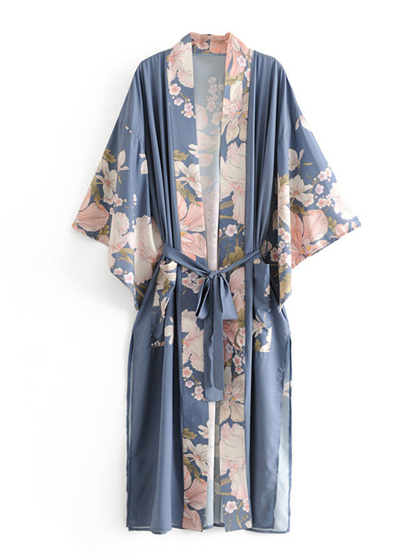 Kimono de fiesta con estampado floral de algodón y viscosa, color laguna azul.