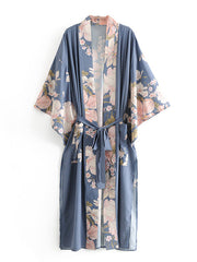 Kimono de fiesta con estampado floral de algodón y viscosa, color laguna azul.