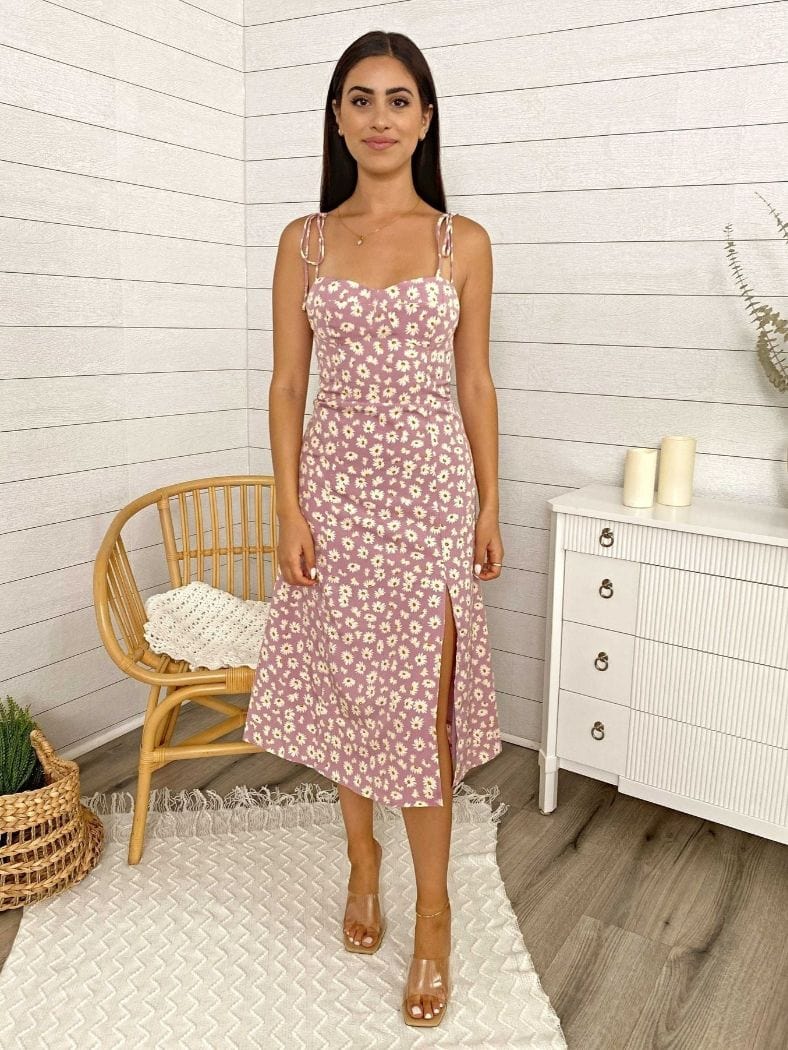 Floral Shoulder Tying Leg Slit Midi Dress