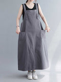 Plain Cotton Sleeveless Pocket Style Salopette Dress