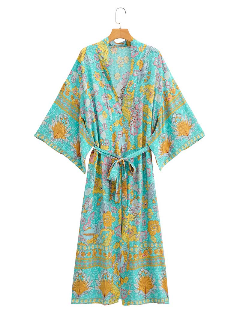 Geburtstagsparty Blumendruck Grün Farbe Baumwolle Langer Kimono Robe