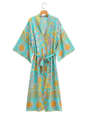 Geburtstagsparty Blumendruck Grün Farbe Baumwolle Langer Kimono Robe