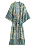 Beachwear Long Gown Floral Print Green Color Cotton Gown Robe Kimono