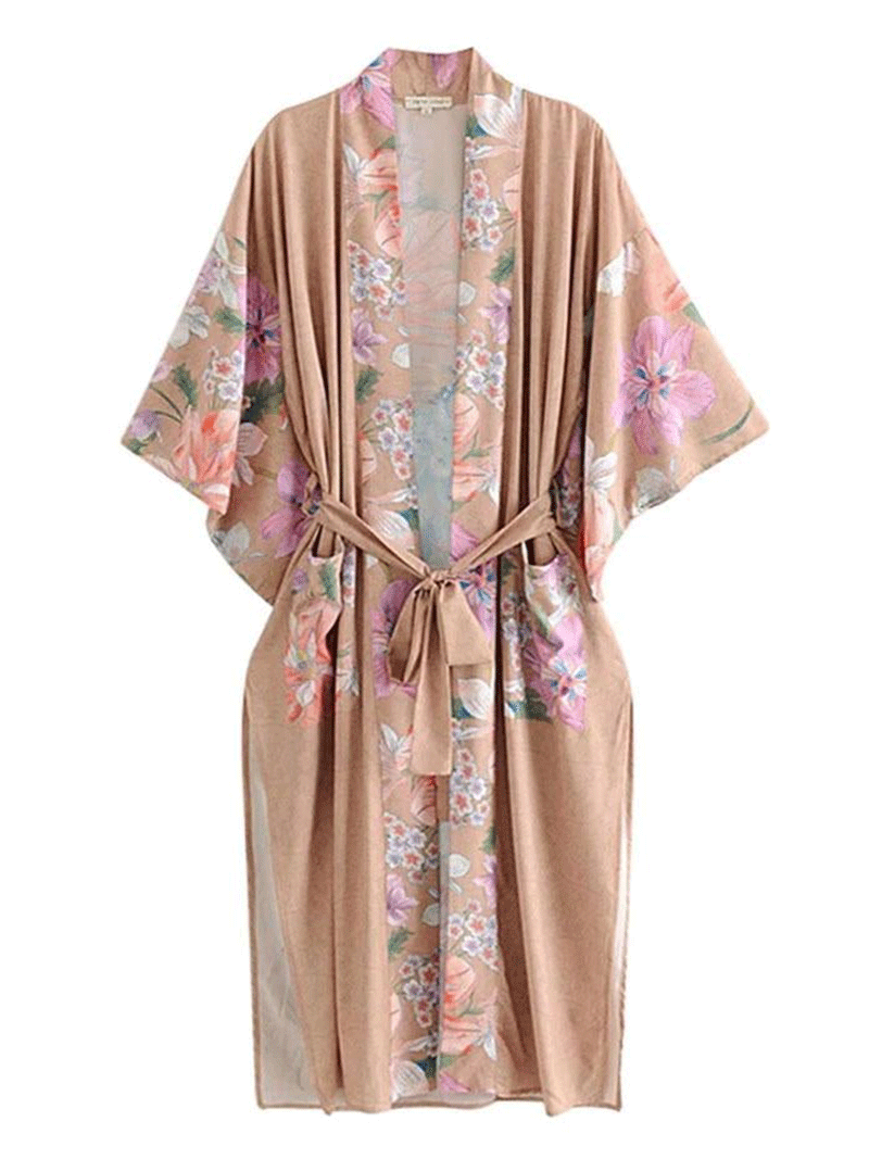 Partywear Baumwolle, Viskose &amp; Seidenmischung Pfauenkönig Blumen- &amp; Vogeldruck Kamelfarbe Langes Kleid Kimono Staubmantel