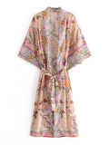 Partywear Cotton Kimono Robe Floral Print Beige Color Long Length Gown Robe Kimono