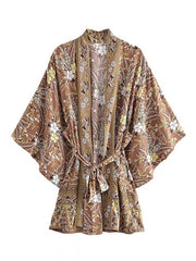 Short Length Rayon Floral Print Coffee Color Gown Kimono Duster Robe