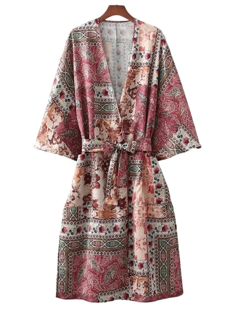 Kimono largo de fiesta con estampado floral, rojo, de poliéster, largo hasta el suelo, bata tipo kimono