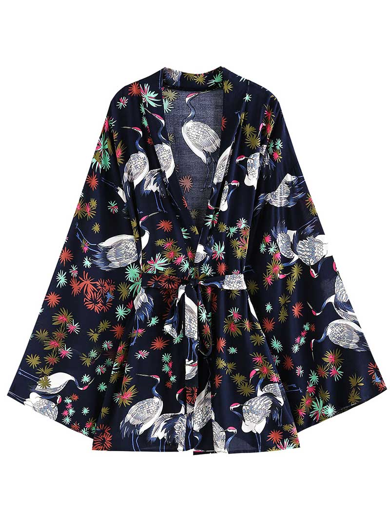 Bata tipo kimono de poliéster con estampado floral, color azul oscuro, de longitud corta