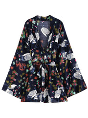 Bata tipo kimono de poliéster con estampado floral, color azul oscuro, de longitud corta