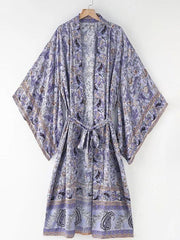 Kimono de playa con estampado floral, color morado, de algodón, largo hasta el suelo