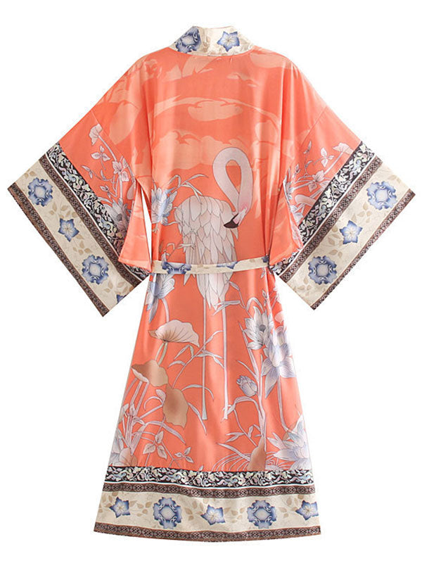 Bata tipo kimono de algodón color naranja, larga, con estampado floral para fiesta