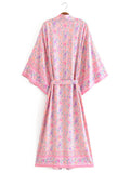 Partywear & Beachwear Floral Print Pink Color Cotton Long Length Gown Kimono Duster Robe